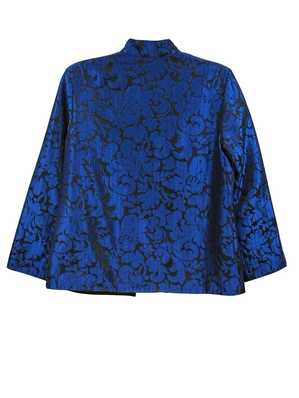 Chico’s Size 12 L Blue Black Floral Jacquard Topper Jacket Silk Blend Shimmer - Picture 2 of 5
